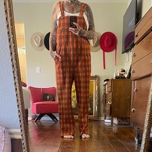Unique and rare 60’s orange plaid polyester overalls